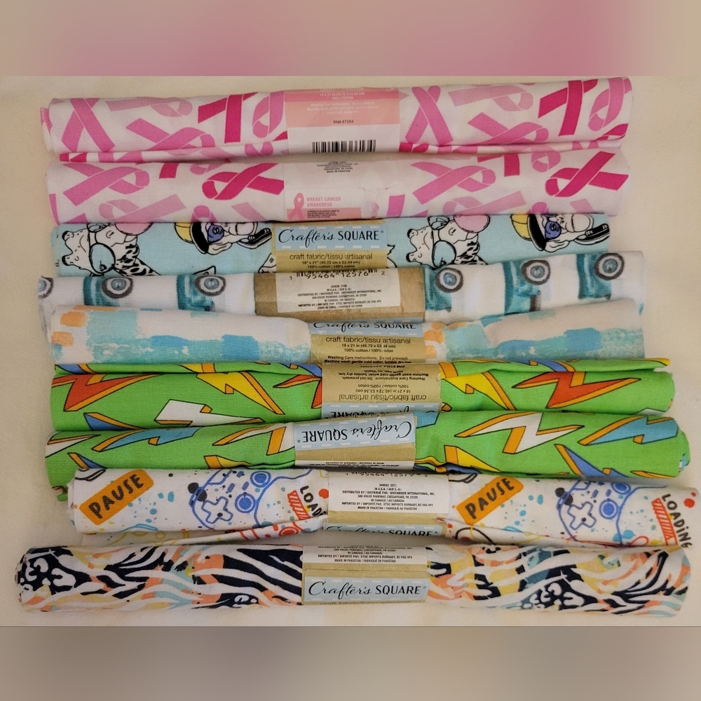 Bundle Of 9 Fabric Scraps. Cancer Awareness, Gifts, Projects, Scrapbooking